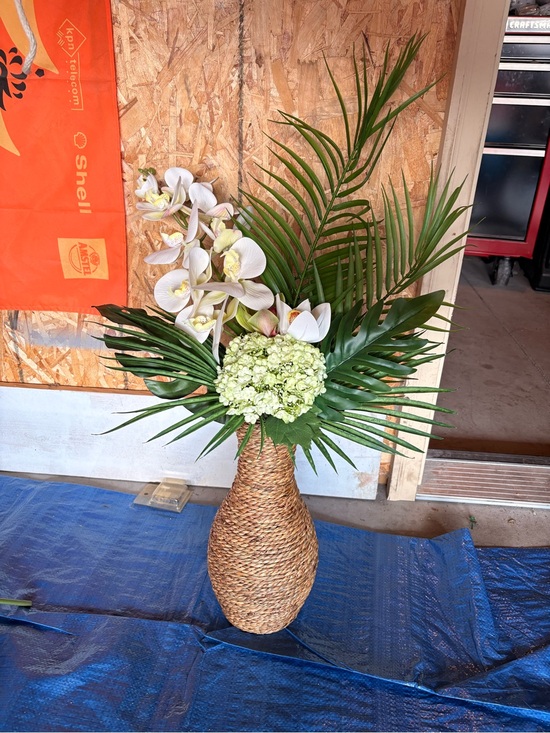 Other - Woven Seagrass Floor Vase with White Orchid & Green Hydrangea Arrangement